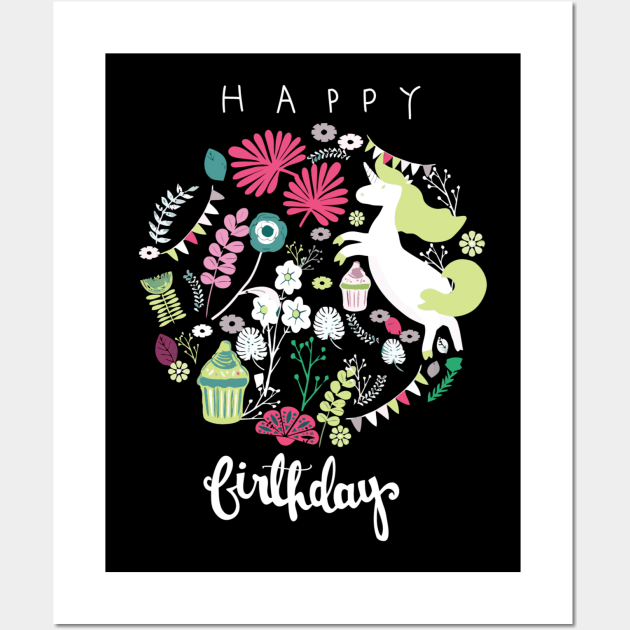 Unicorn Happy Birthday Wall Art by unicorn shirt